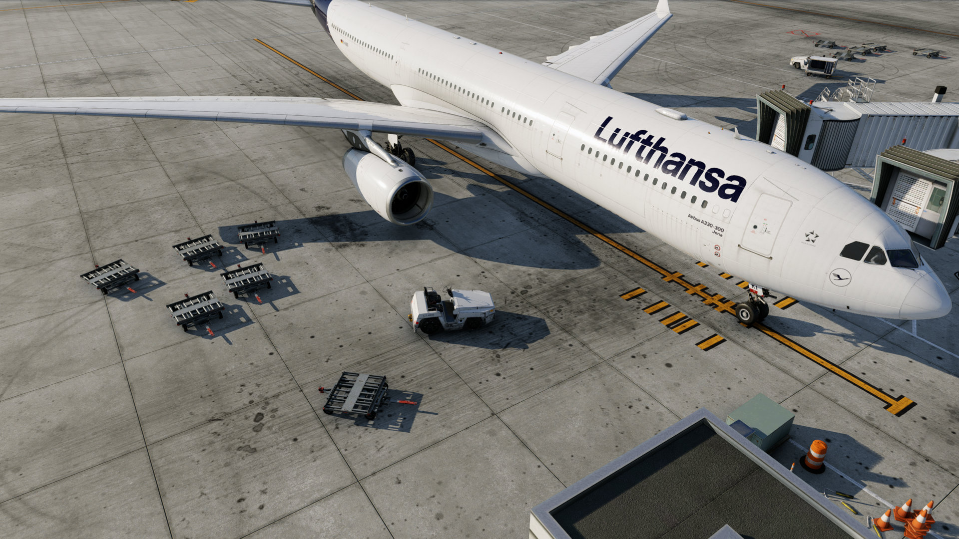 Photo of Lufthansa A330 at EGLL in X-Plane 12 with realistic dirt grunge and oil spills on the ramp from Airport Enhancement Package V2.0
