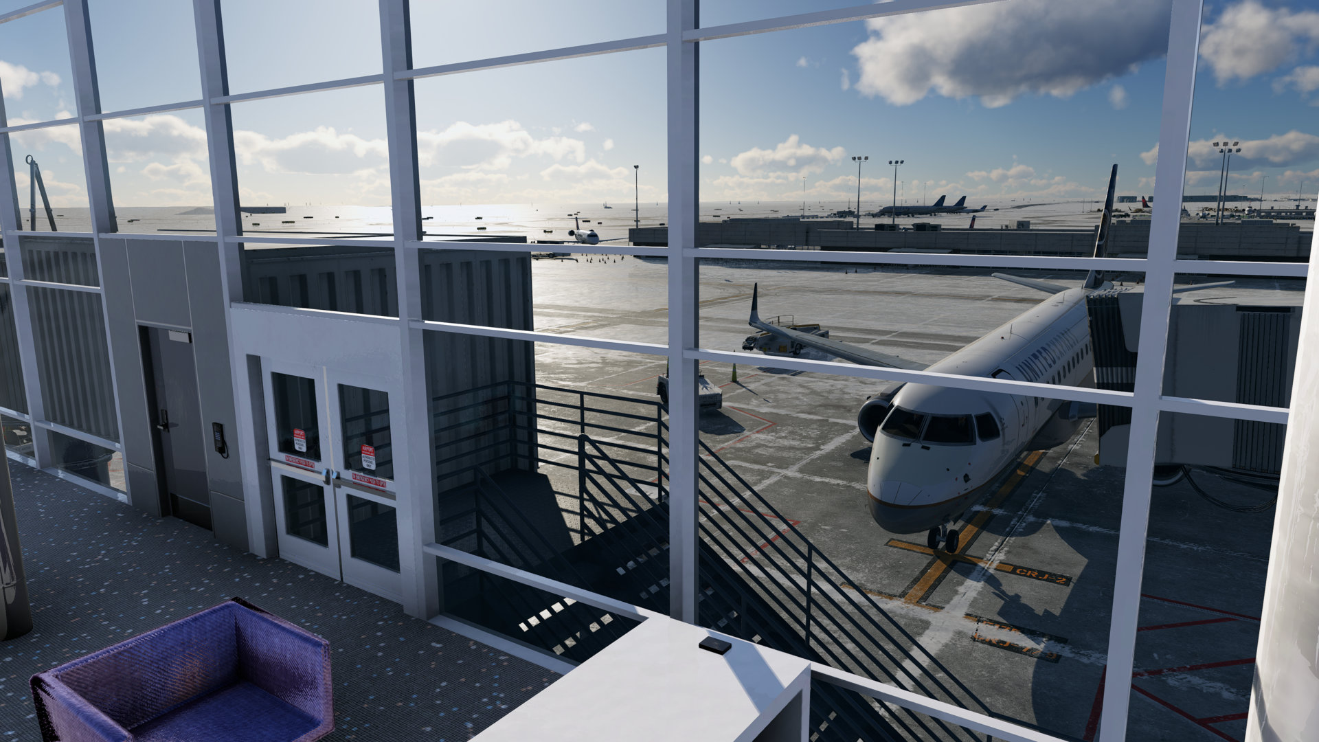 KDEN Denver terminal B east expansion during winter looking out at the snowy tarmac in X-Plane 12