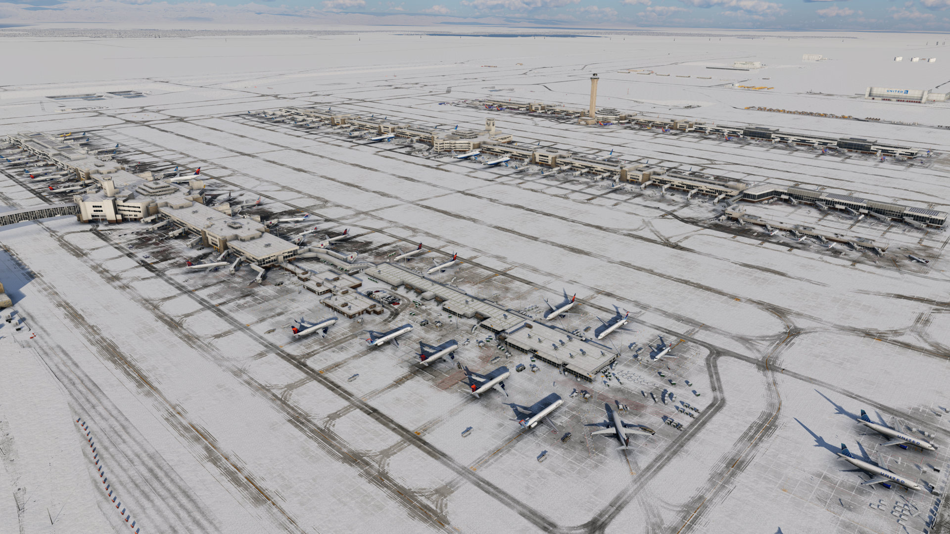 Overhead view of KDEN Denver during winter with a snowy taxiway in X-Plane 12