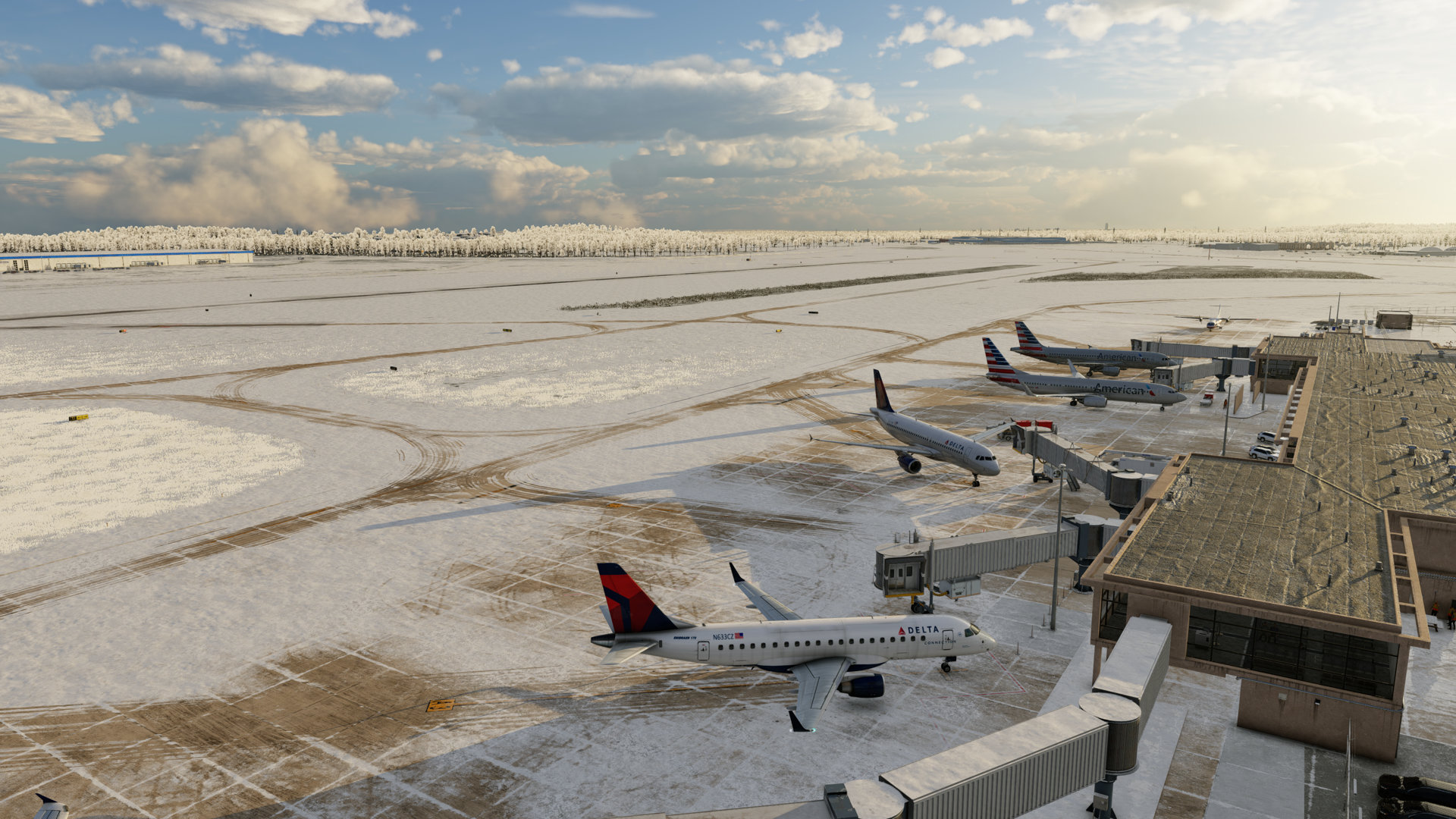Overhead view of KEVV Evansville during winter with a snowy ramp in X-Plane 12