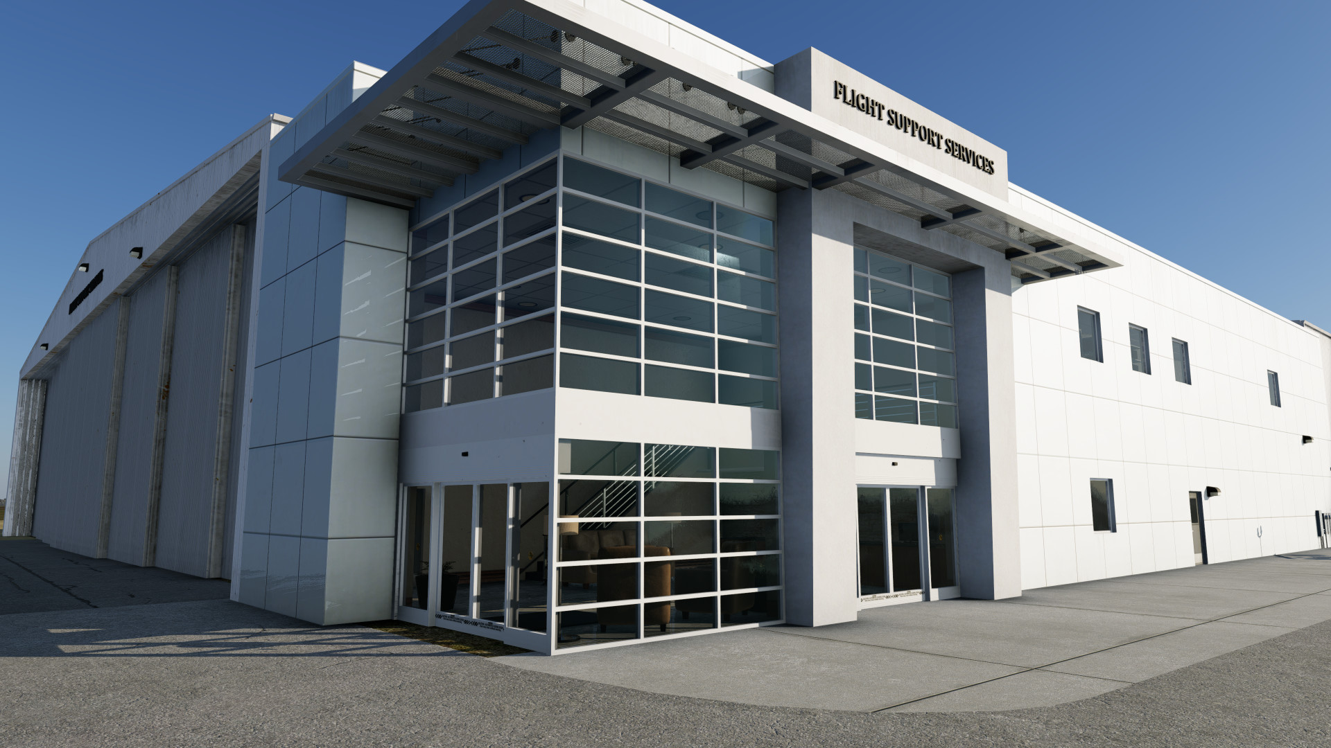 Modern FBO hangar with glass windows interior and metal siding in X-Plane 12 with AEP Airport Enhancement Package