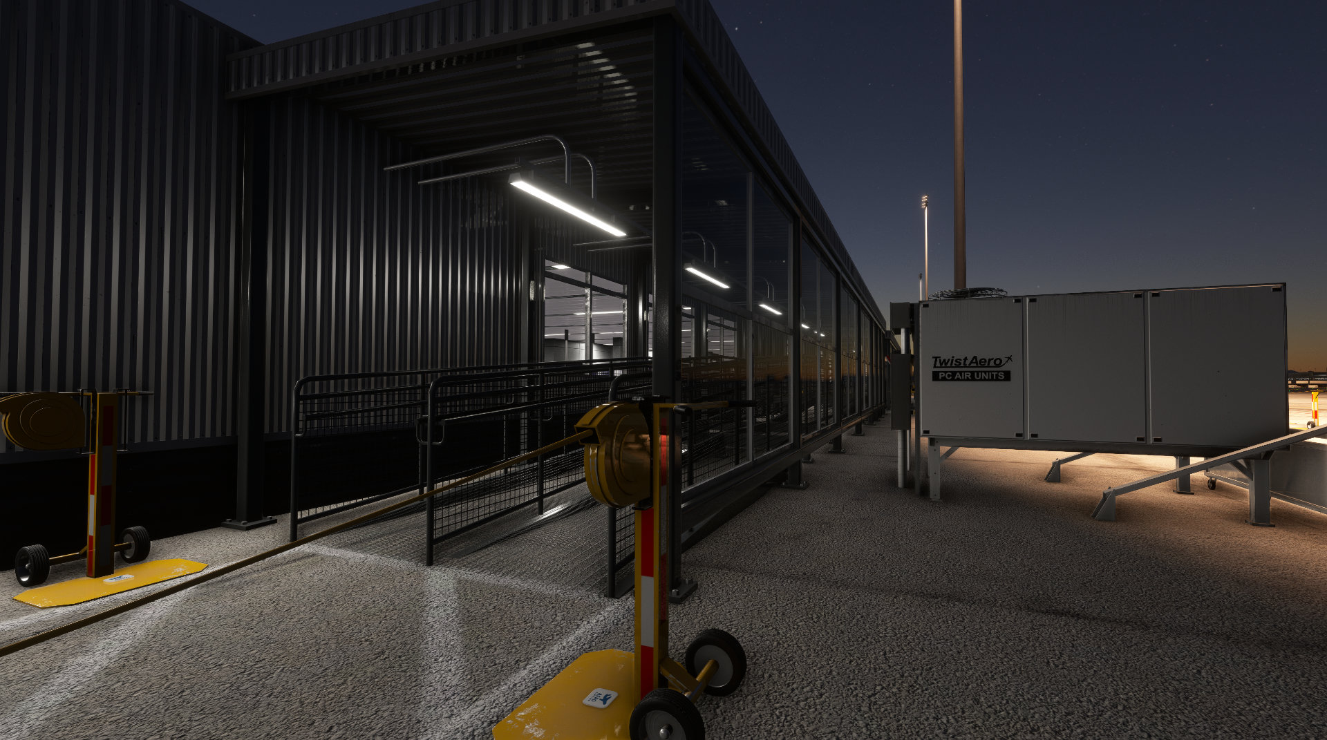 KDEN terminal service building and equipment at dusk for Denver International Airport (KDEN) by X-Codr Designs in MSFS