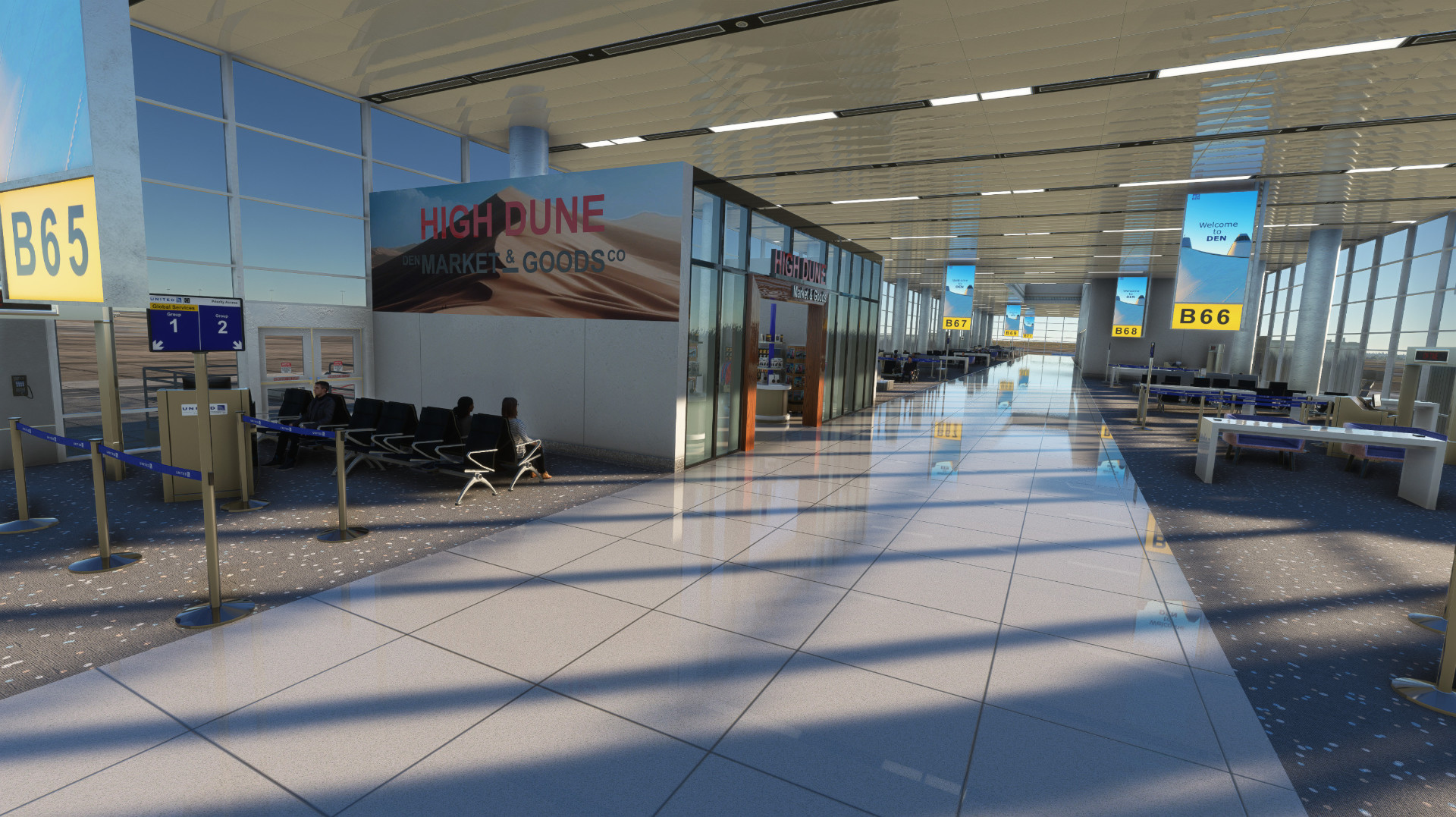 airport concourse with gate signs and seating for Denver International Airport (KDEN) by X-Codr Designs in MSFS