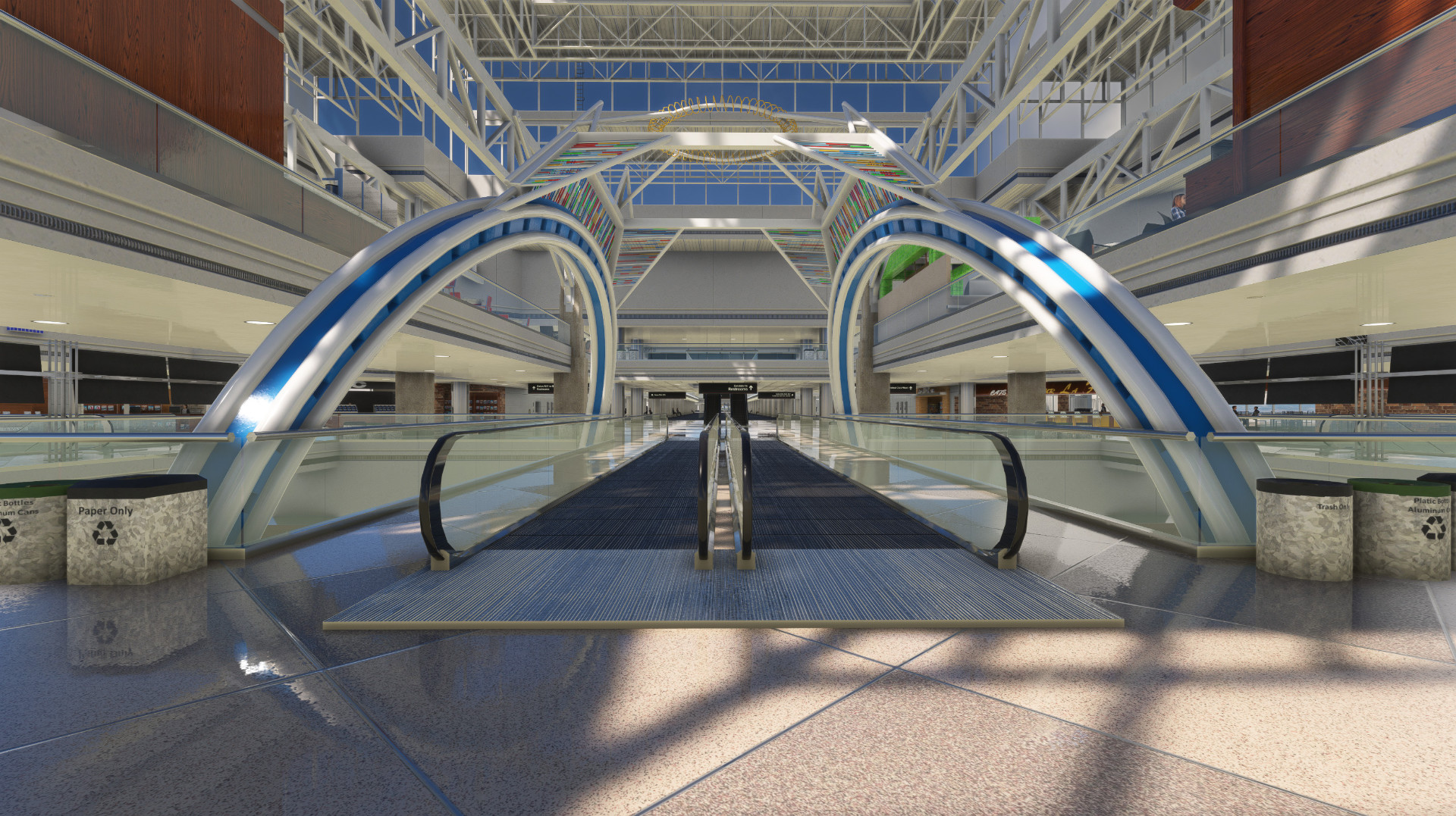 bright terminal interior with a curved escalator for Denver International Airport (KDEN) by X-Codr Designs in MSFS