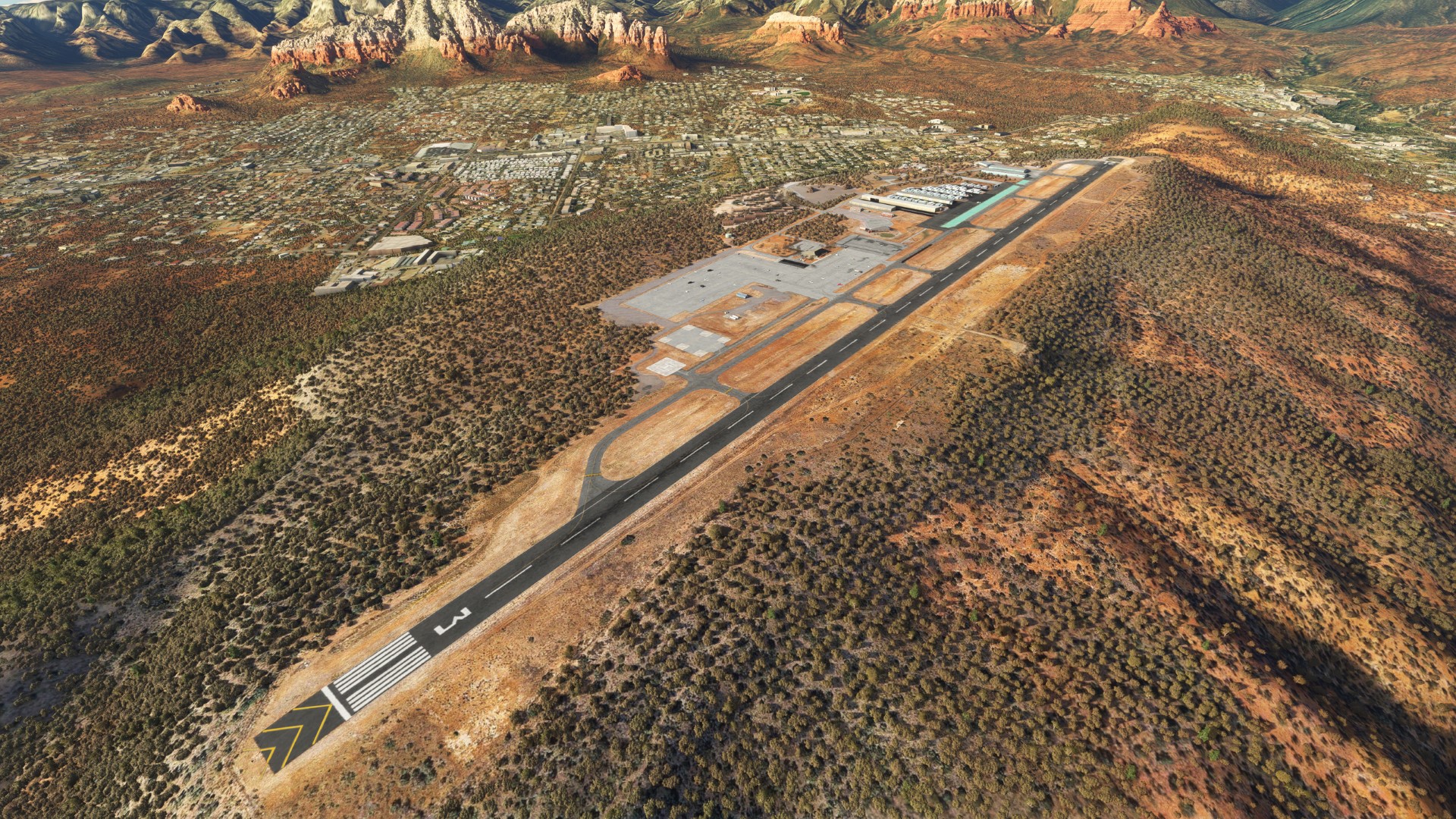 aerial view of Sedona airport and surrounding desert for Sedona Airport (KSEZ) by X-Codr Designs in MSFS