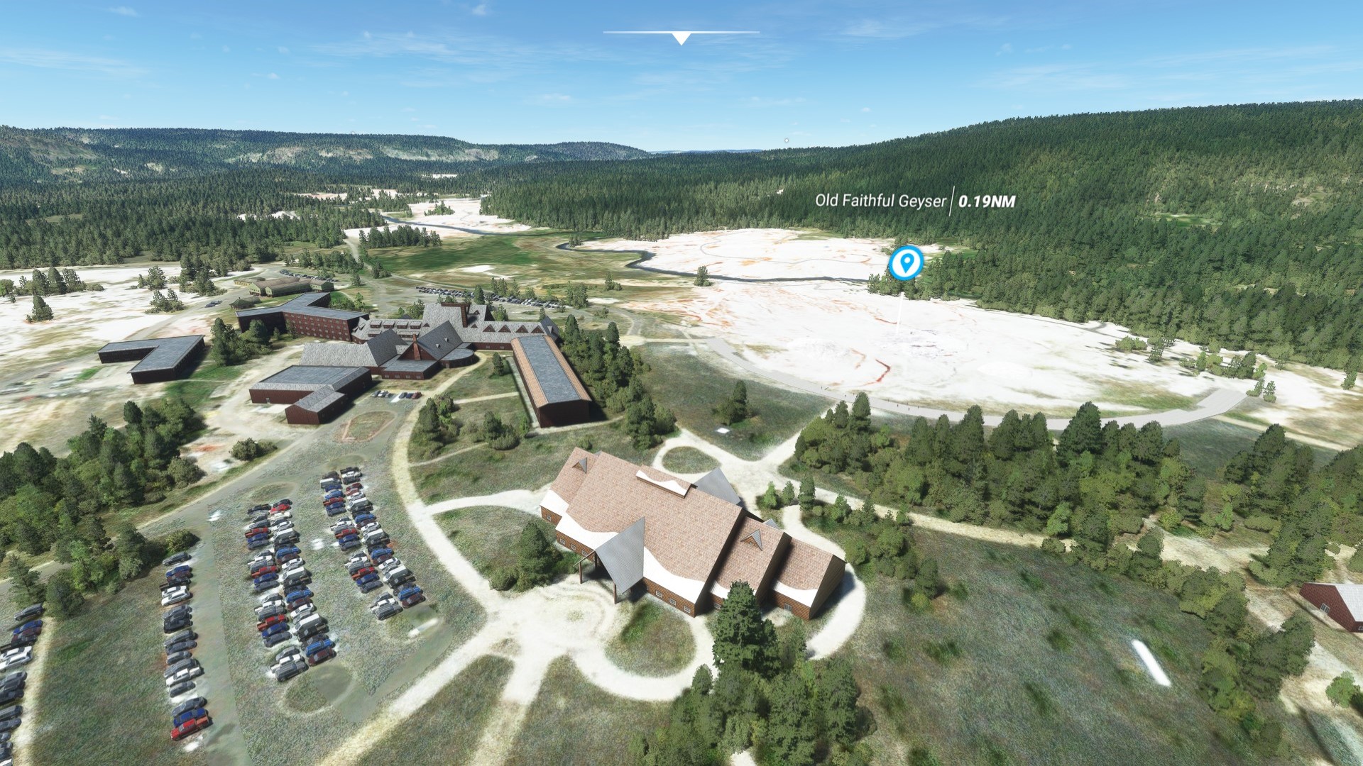aerial view of a geothermal basin and visitor facilities for West Yellowstone Airport (KWYS) by X-Codr Designs in MSFS