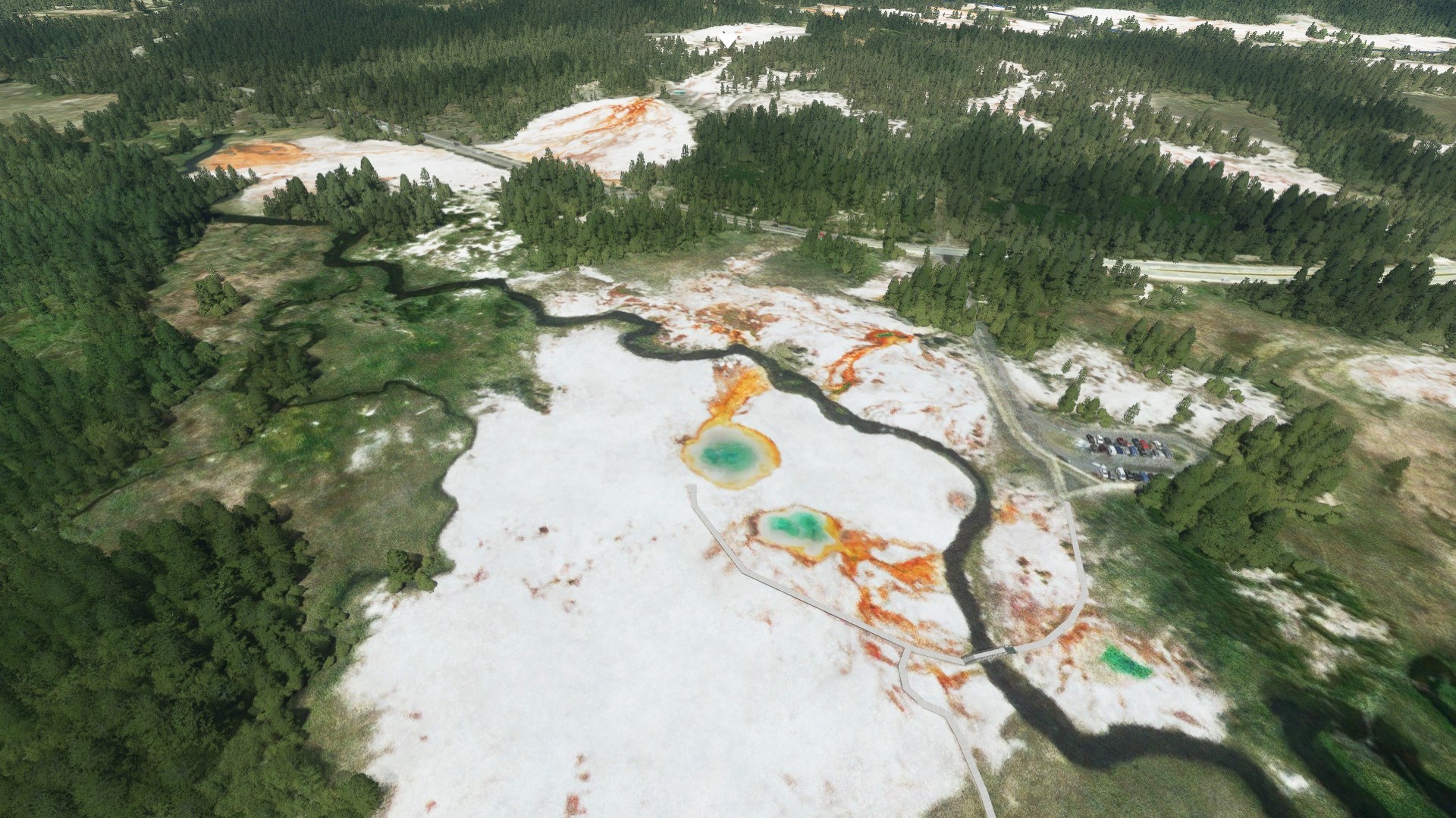 aerial view of colorful geothermal pools for West Yellowstone Airport (KWYS) by X-Codr Designs in MSFS