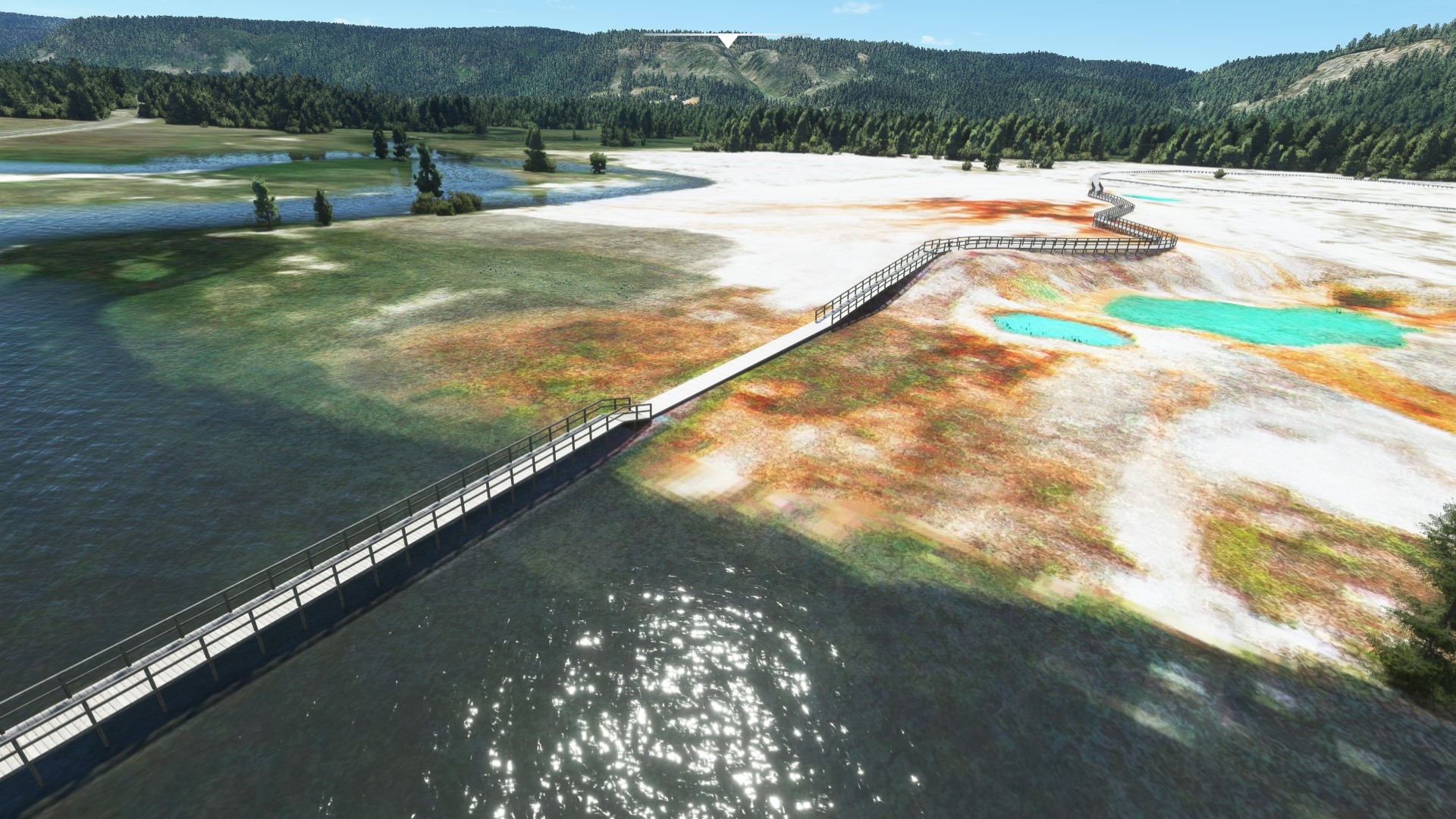 boardwalk crossing a Yellowstone geothermal basin for West Yellowstone Airport (KWYS) by X-Codr Designs in MSFS