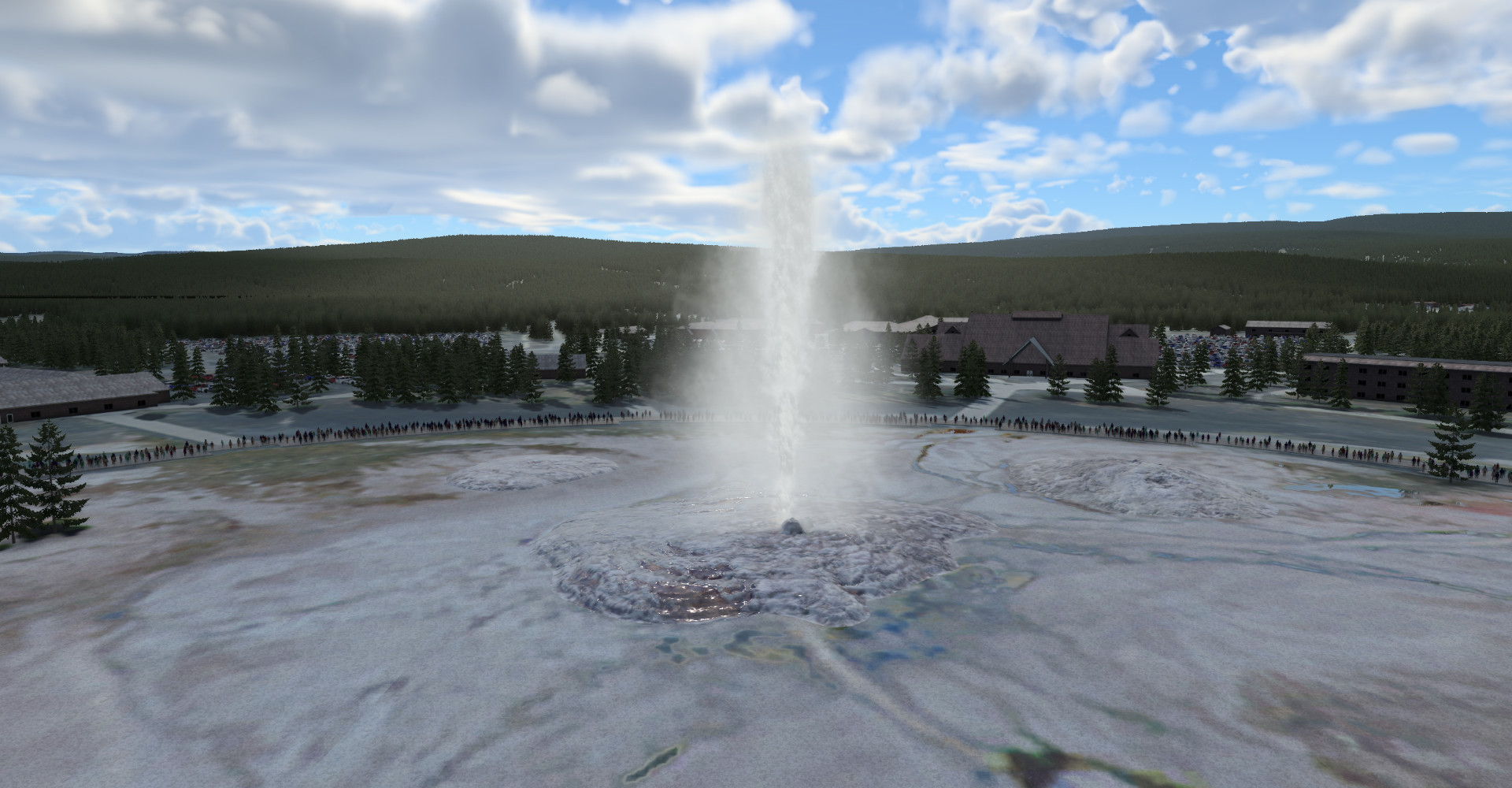 Yellowstone geyser erupting in a snowy basin for West Yellowstone Airport (KWYS) by X-Codr Designs in X-Plane