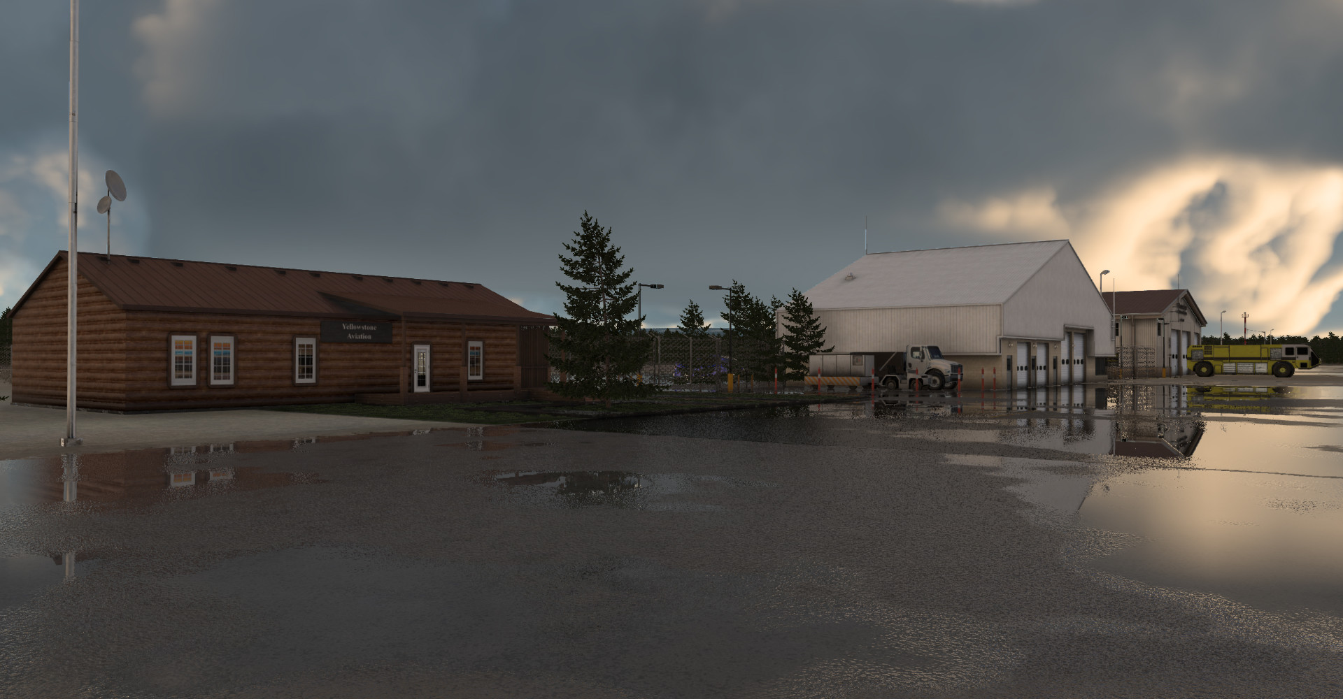 West Yellowstone airport buildings in rain for West Yellowstone Airport (KWYS) by X-Codr Designs in X-Plane