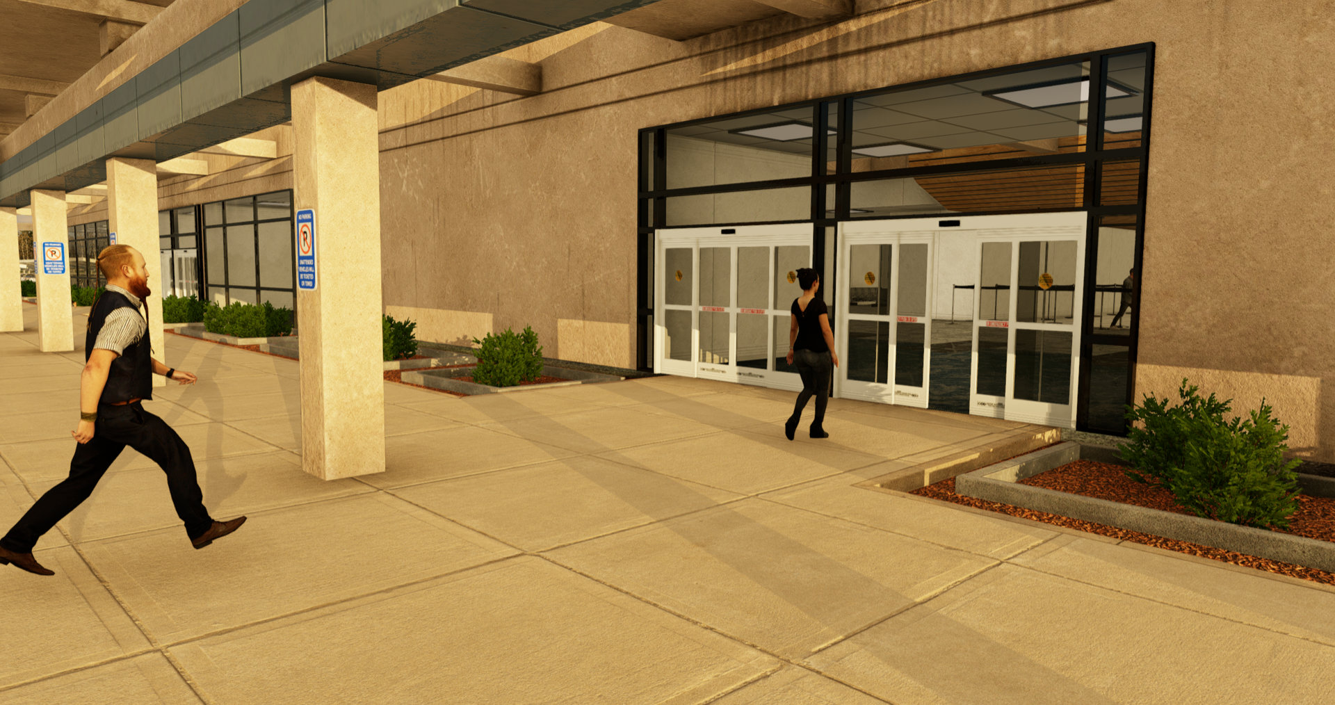 airport building entrance with animated people for Living Scenery Technology by X-Codr Designs in X-Plane