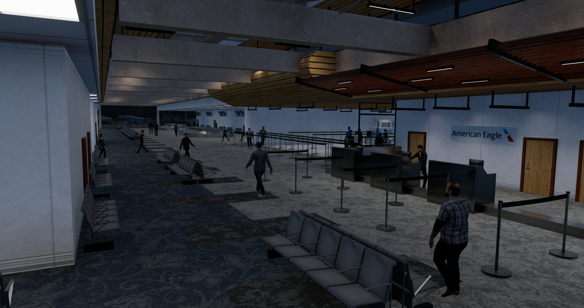 airport terminal interior with passengers for Living Scenery Technology by X-Codr Designs in X-Plane