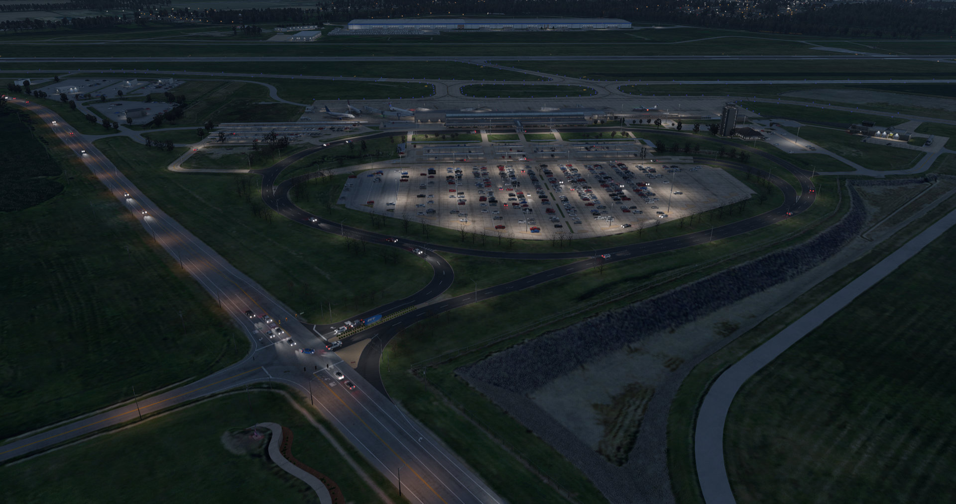 aerial view of animated airport ground traffic for Living Scenery Technology by X-Codr Designs in X-Plane